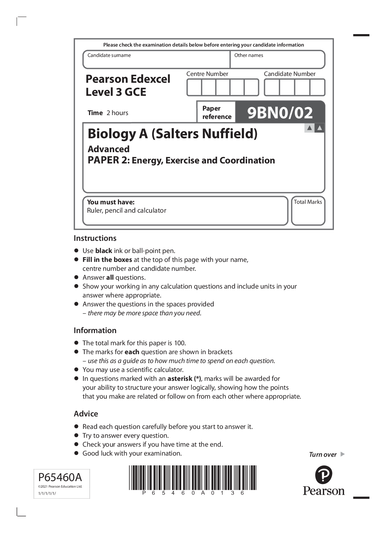 Preview image for Pearson Edexcel Level 3 GCE Biology A (Salters Nuffield) Advanced PAPER 2: Energy, Exercise and Coordination